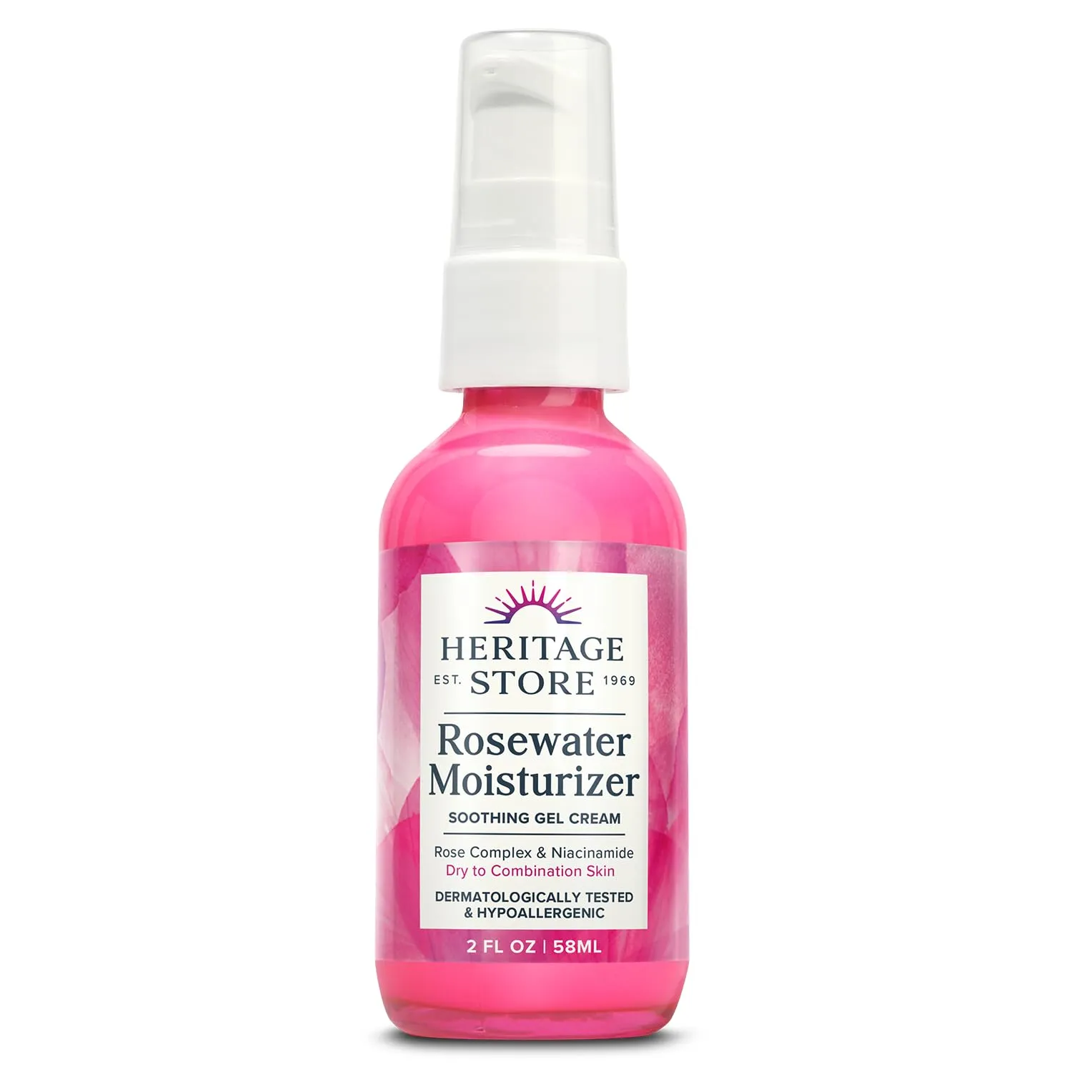 HERITAGE STORE Rosewater Face Moisturizer - Soothing Gel Moisturizer with Rose Complex, Niacinamide and Hyaluronic Acid - Dry to Combination Skin Care - Hypoallergenic, Vegan, 60-Day Guarantee, 2oz