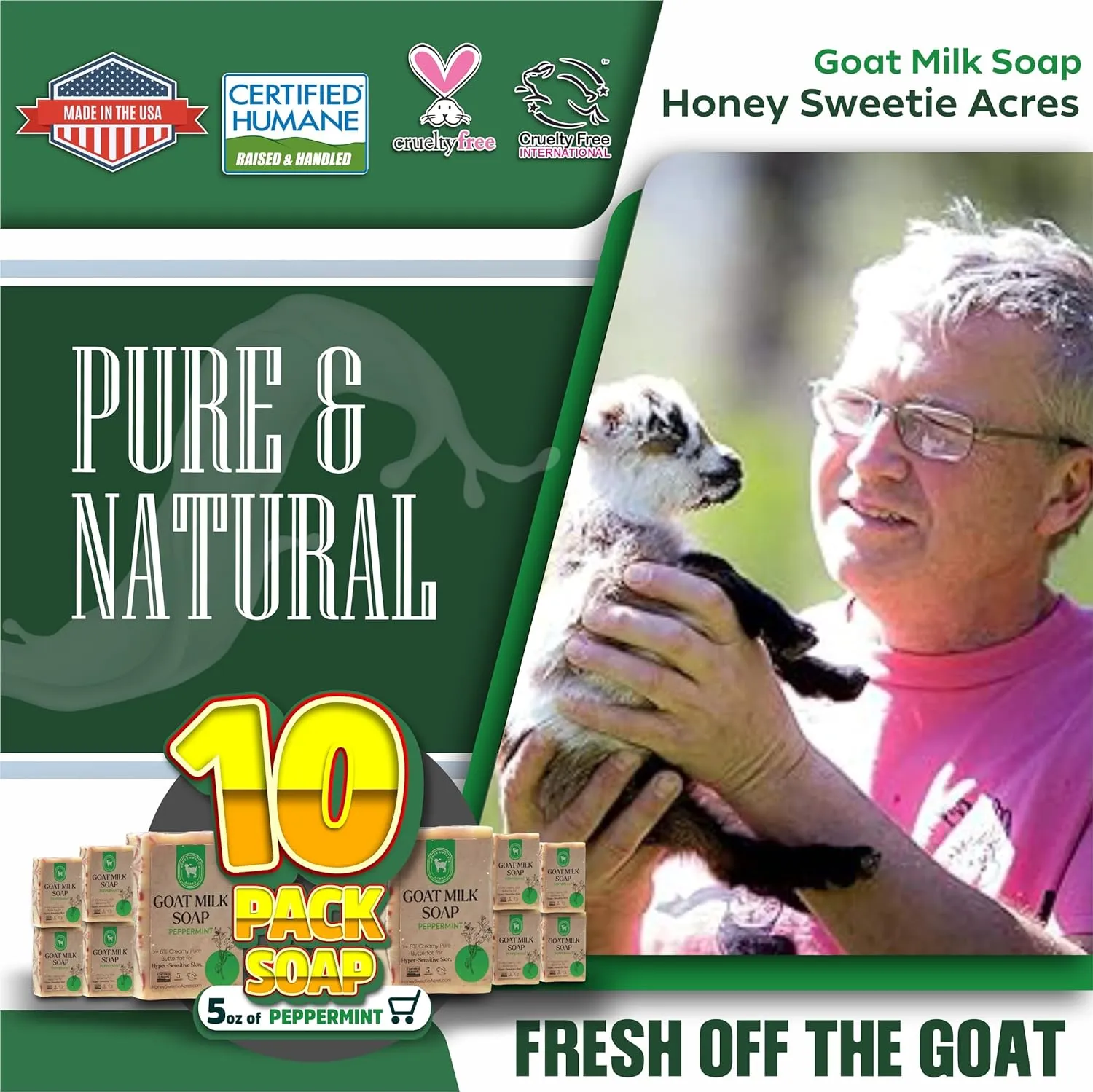 Honey Sweetie Acres 10-Pack of Peppermint Goat Milk Soap - Handmade 5 oz Bar, Made with Natural Ingredients, Moisturizing & Gentle, Made in the USA