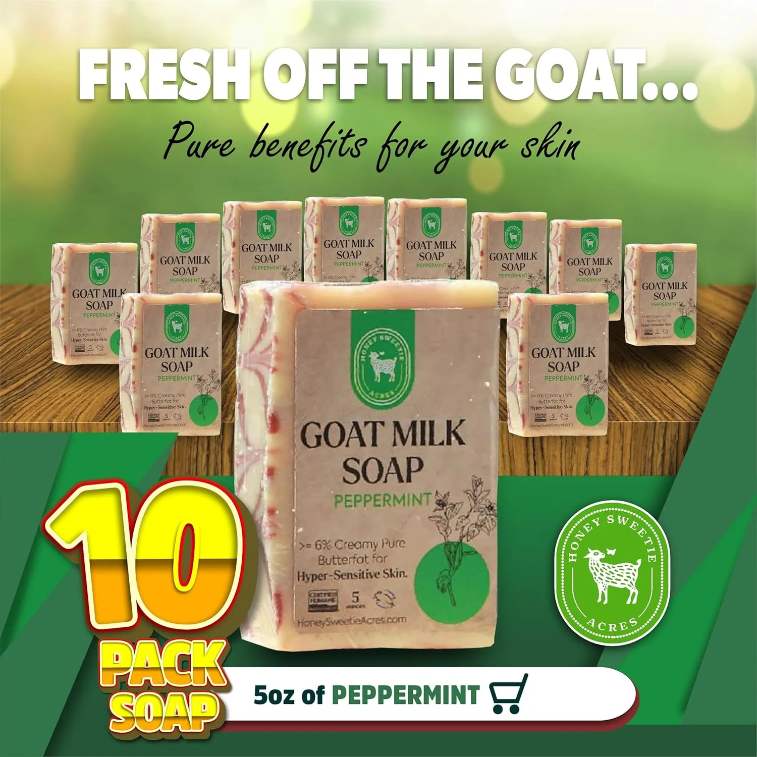 Honey Sweetie Acres 10-Pack of Peppermint Goat Milk Soap - Handmade 5 oz Bar, Made with Natural Ingredients, Moisturizing & Gentle, Made in the USA
