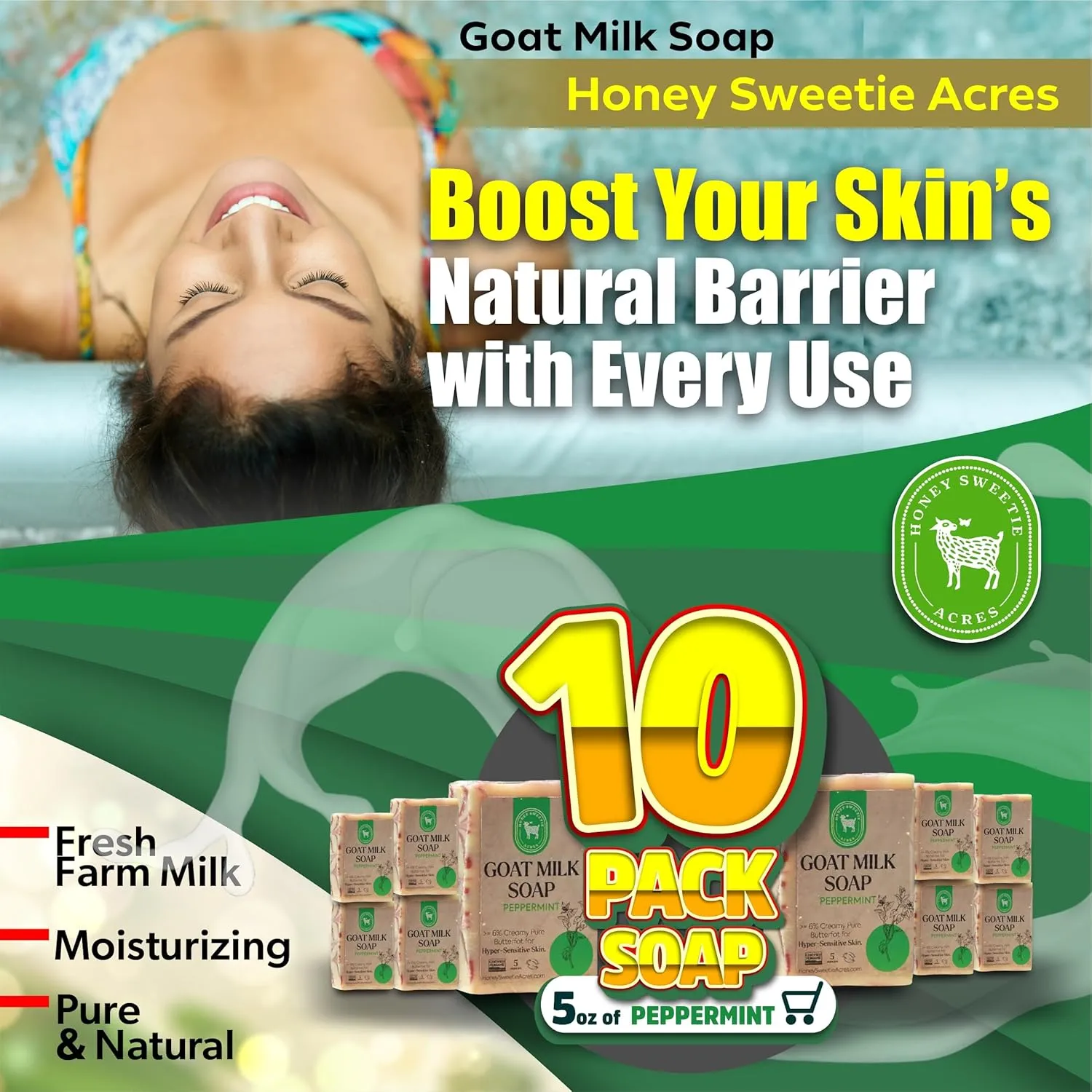 Honey Sweetie Acres 10-Pack of Peppermint Goat Milk Soap - Handmade 5 oz Bar, Made with Natural Ingredients, Moisturizing & Gentle, Made in the USA