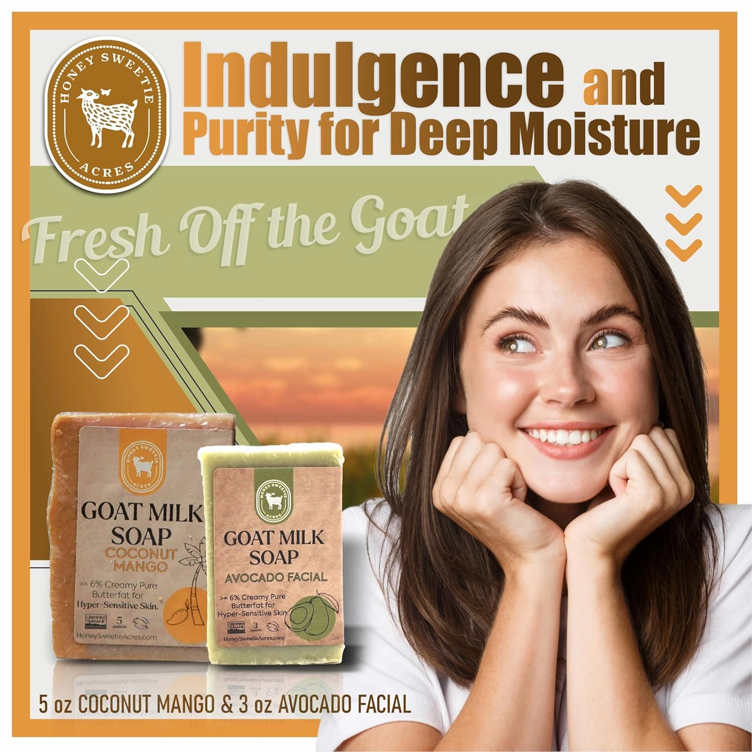 Honey Sweetie Acres Fresh Off The Goat Face & Body Soap 3 Ounce Avocado Facial Plus 5 Ounce Hydrating Coconut Mango Goat Milk Soap For Your Whole Body - Made in the USA