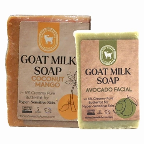 Honey Sweetie Acres Fresh Off The Goat Face & Body Soap 3 Ounce Avocado Facial Plus 5 Ounce Hydrating Coconut Mango Goat Milk Soap For Your Whole Body - Made in the USA