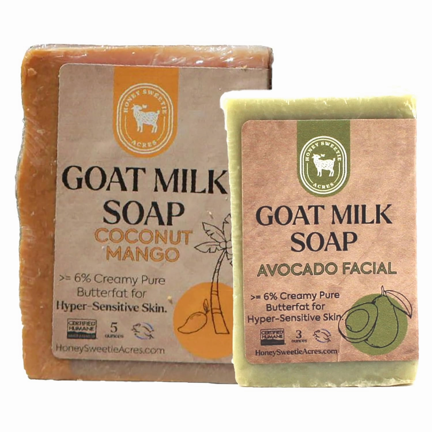 Honey Sweetie Acres Fresh Off The Goat Face & Body Soap 3 Ounce Avocado Facial Plus 5 Ounce Hydrating Coconut Mango Goat Milk Soap For Your Whole Body - Made in the USA