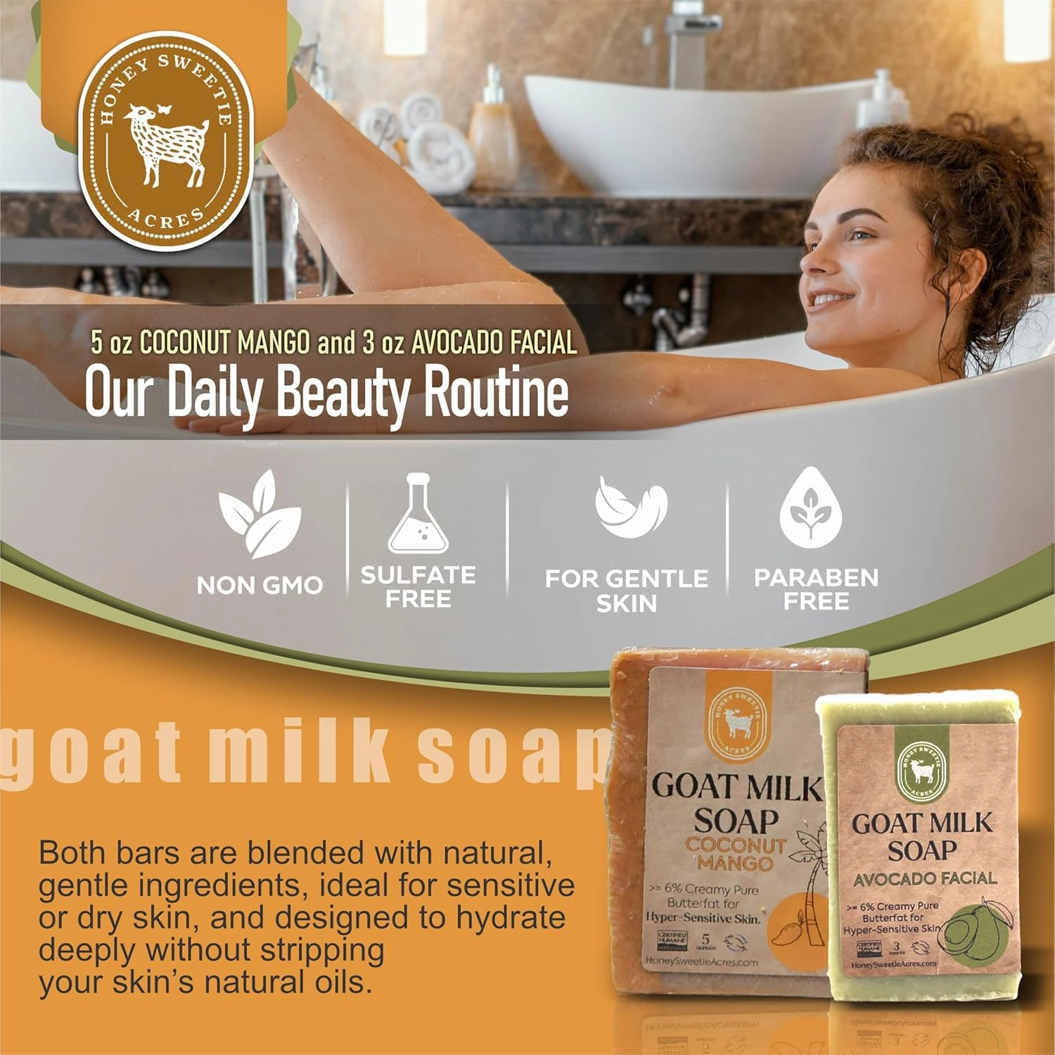 Honey Sweetie Acres Fresh Off The Goat Face & Body Soap 3 Ounce Avocado Facial Plus 5 Ounce Hydrating Coconut Mango Goat Milk Soap For Your Whole Body - Made in the USA