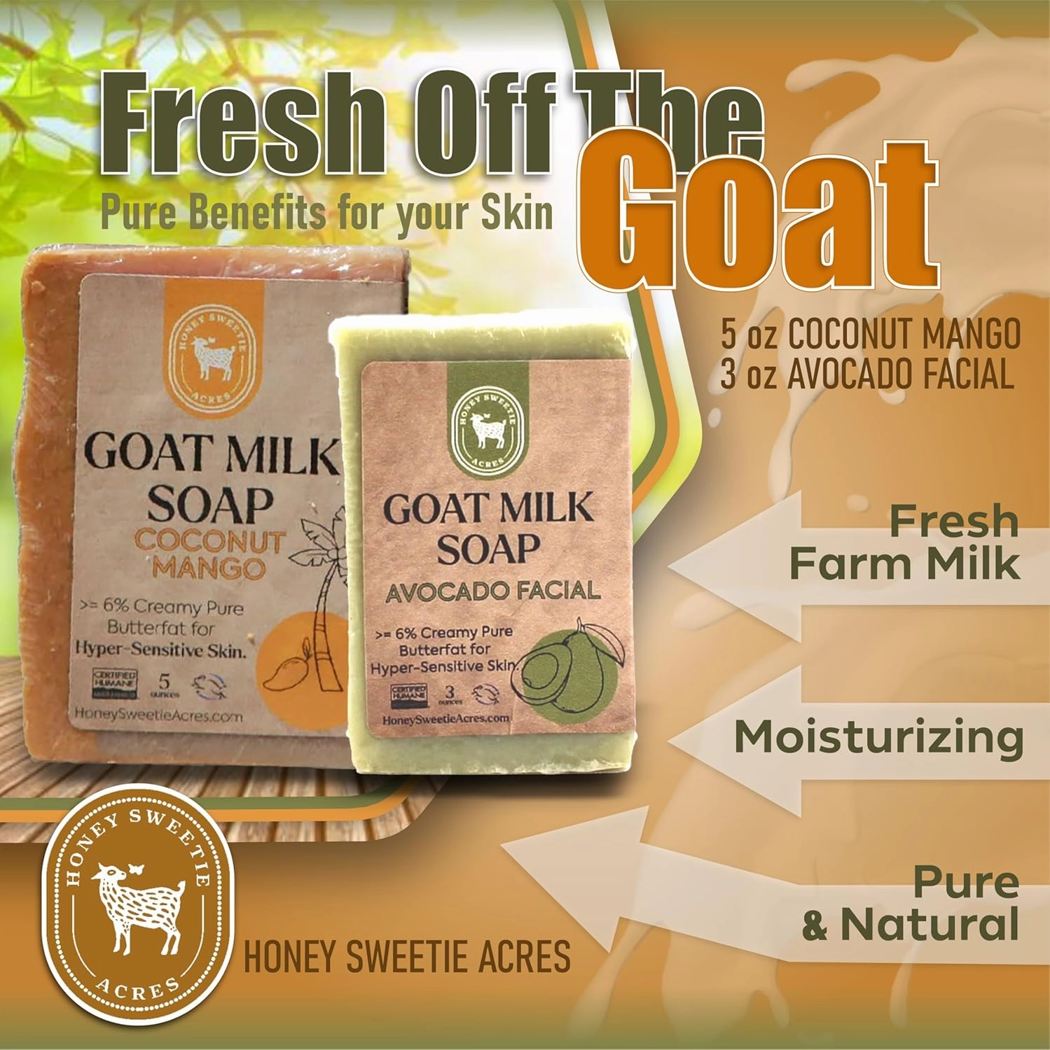 Honey Sweetie Acres Fresh Off The Goat Face & Body Soap 3 Ounce Avocado Facial Plus 5 Ounce Hydrating Coconut Mango Goat Milk Soap For Your Whole Body - Made in the USA
