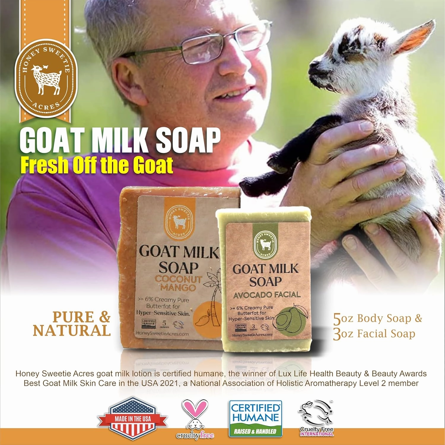 Honey Sweetie Acres Fresh Off The Goat Face & Body Soap 3 Ounce Avocado Facial Plus 5 Ounce Hydrating Coconut Mango Goat Milk Soap For Your Whole Body - Made in the USA