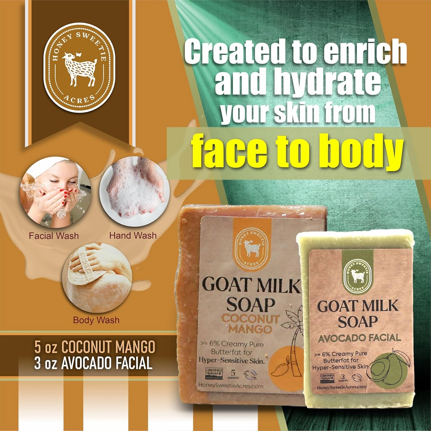 Honey Sweetie Acres Fresh Off The Goat Face & Body Soap 3 Ounce Avocado Facial Plus 5 Ounce Hydrating Coconut Mango Goat Milk Soap For Your Whole Body - Made in the USA