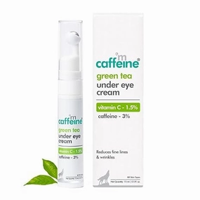 HR Green Tea Under Eye Cream to Reduce Fine Lines, Wrinkles & Dark Circles, 3% Caffeine, 1.5% Vitman C & Peptides to Reduce Puffiness & Refresh Skin, Cooling Gel & Roller for Men & Women (15 ml)