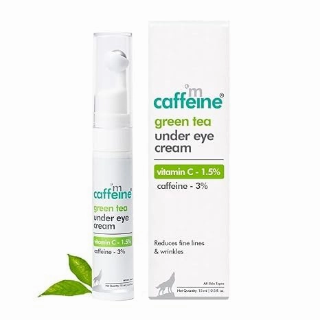 HR Green Tea Under Eye Cream to Reduce Fine Lines, Wrinkles & Dark Circles, 3% Caffeine, 1.5% Vitman C & Peptides to Reduce Puffiness & Refresh Skin, Cooling Gel & Roller for Men & Women (15 ml)