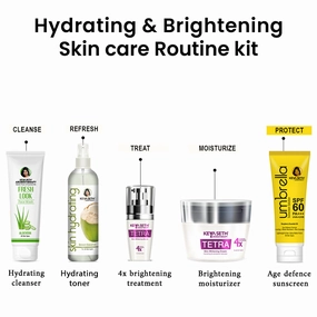 Hydrating & Brightening Skincare Routine Kit - Aloe Vera Face Wash, Green Coconut Toner, Brightening Serum, Whitening Cream & Umbrella SPF 60 Sunscreen for Radiant Skin
