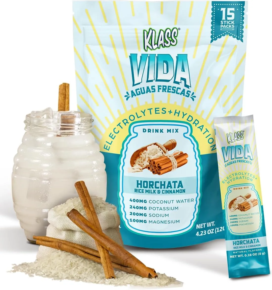 Hydration Sugar-Free Powder Packets |Electrolyte Agua Fresca Drink Mix |Horchata |15 Single Serve Sticks |Low Calorie, Natural Colors and Natural Flavors