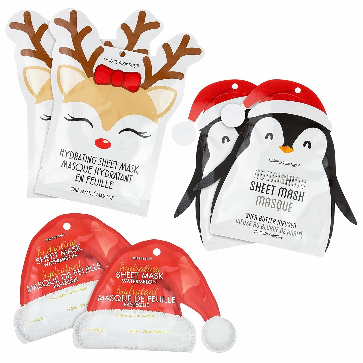 Jean Pierre Christmas Face Mask Skin Care, Sheet Masks, 2 Deer Hydrating Masks   2 Penguin Nourishing Masks   2 Santa Hat Hydrating Mask