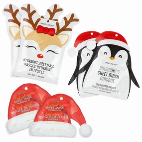 Jean Pierre Christmas Face Mask Skin Care, Sheet Masks, 2 Deer Hydrating Masks   2 Penguin Nourishing Masks   2 Santa Hat Hydrating Mask