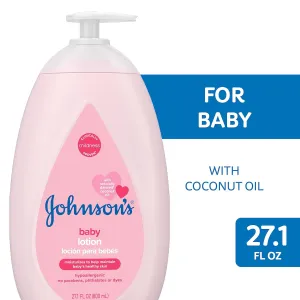 Johnson's Moisturizing Mild Pink Baby Lotion with Coconut Oil for Delicate Baby Skin, Paraben-, Phthalate- & Dye-Free, Hypoallergenic & Dermatologist-Tested, Baby Skin Care, 27.1 Fl. Oz (Pack of 2)