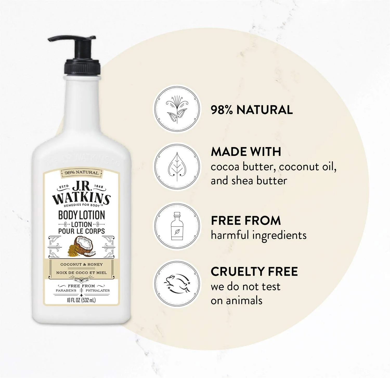 J.R. Watkins Daily Moisturizing Lotion – Body Cream in Pump Dispenser – Hydrating Skin Cream Made with Shea Butter, Cocoa Butter, Coconut Oil & Vitamin E, Coconut Milk & Honey, 18 fl oz