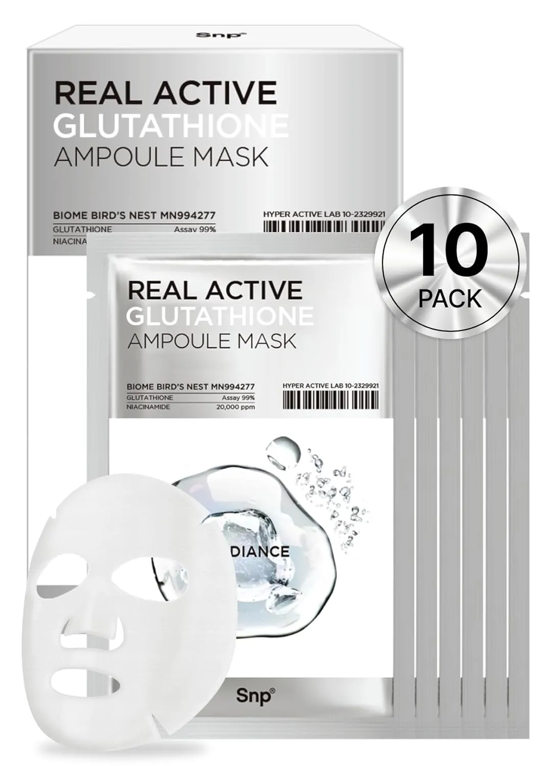 [K Beauty] Real Active Glutathione Ampoule Sheet Mask | Vegan Face Mask with Glutathione & Niacinamide | Revitalizing and Balancing for All Skin Types | Korean Face Masks Skincare | 10 Sheets