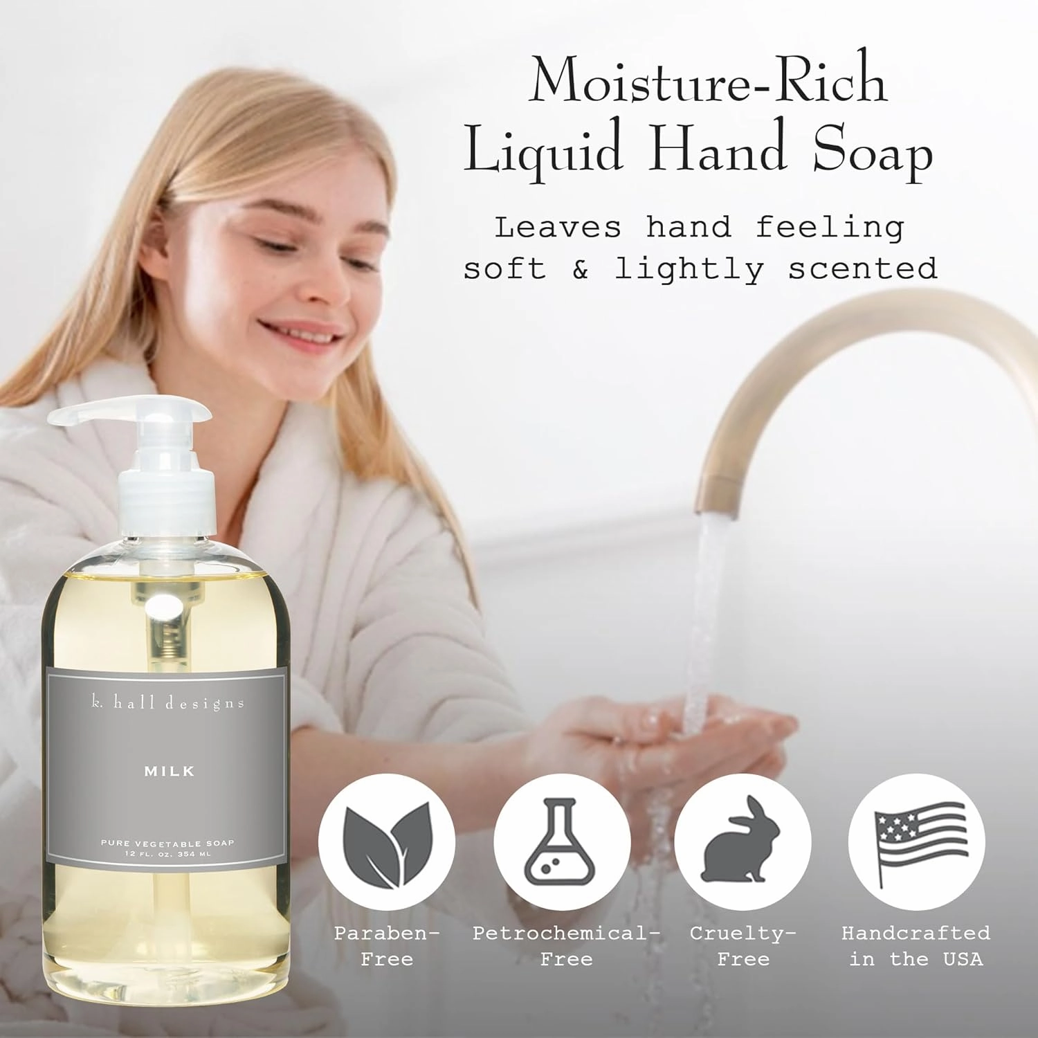 K. Hall Designs Milk Liquid Hand Soap, Soothing and Creamy-Sweet Coconut Vanilla Scent, Natural Liquid Soap for Bathroom & Kitchen, Plant-Based Formula, 12 fl oz