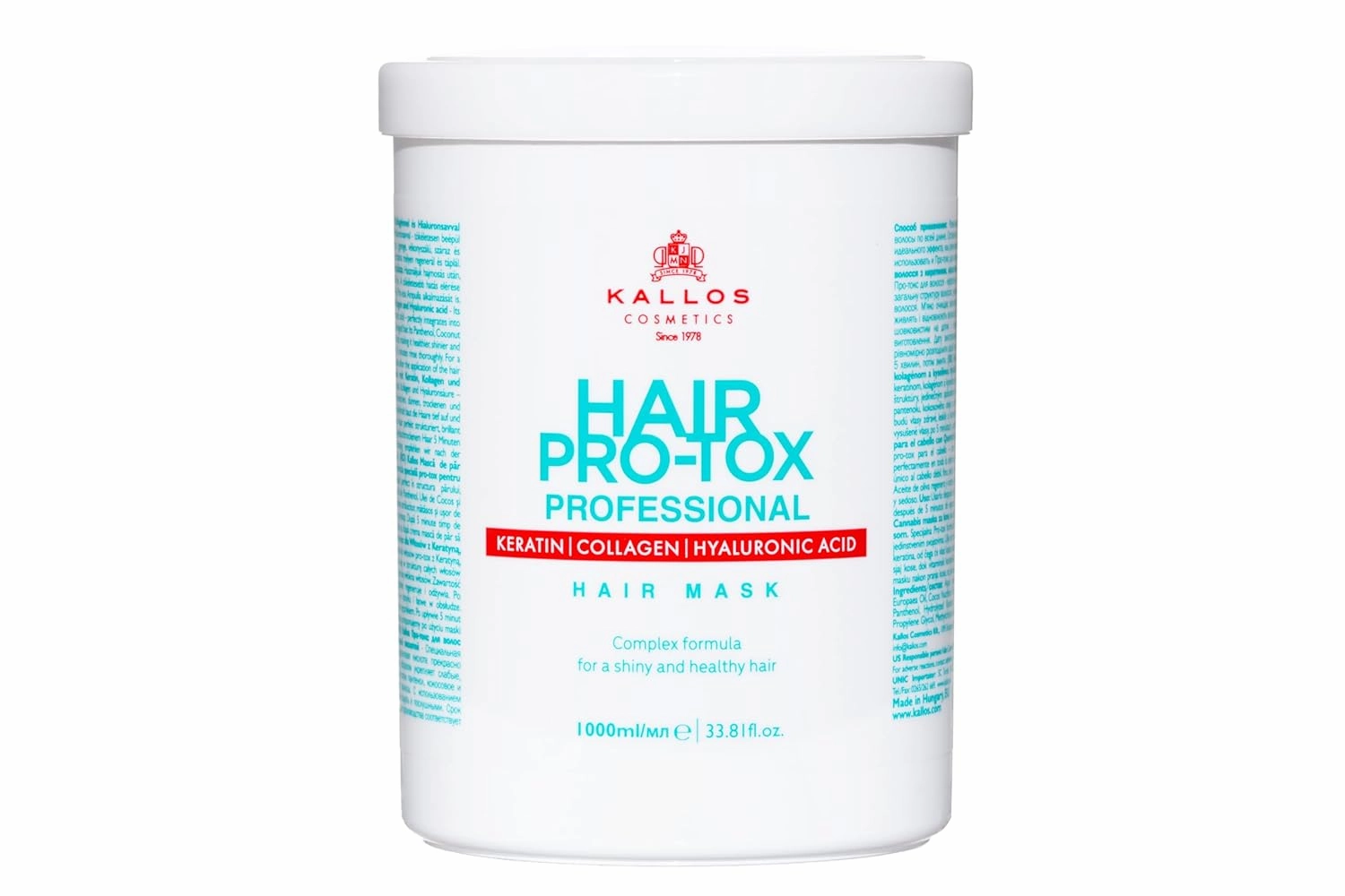 Kallos Pro-Tox Hair Mask with Keratin, Collagen, and Hyaluronic Acid 1000 ml - 33.81 Fl Oz
