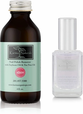 karma organic Nail Polish Remover & Base Top Coat Bundle - Natural Tea Tree Oil Based Formula Nail Polish Remover (4FL-Oz) Two in One Base/Top Coat for women (0.43FL-Oz)