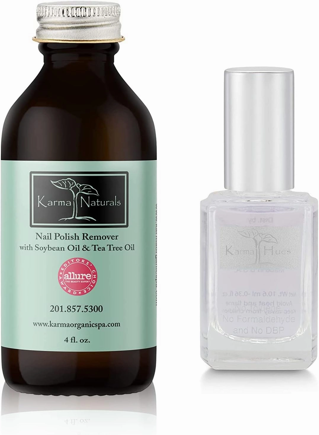 karma organic Nail Polish Remover & Base Top Coat Bundle - Natural Tea Tree Oil Based Formula Nail Polish Remover (4FL-Oz) Two in One Base/Top Coat for women (0.43FL-Oz)