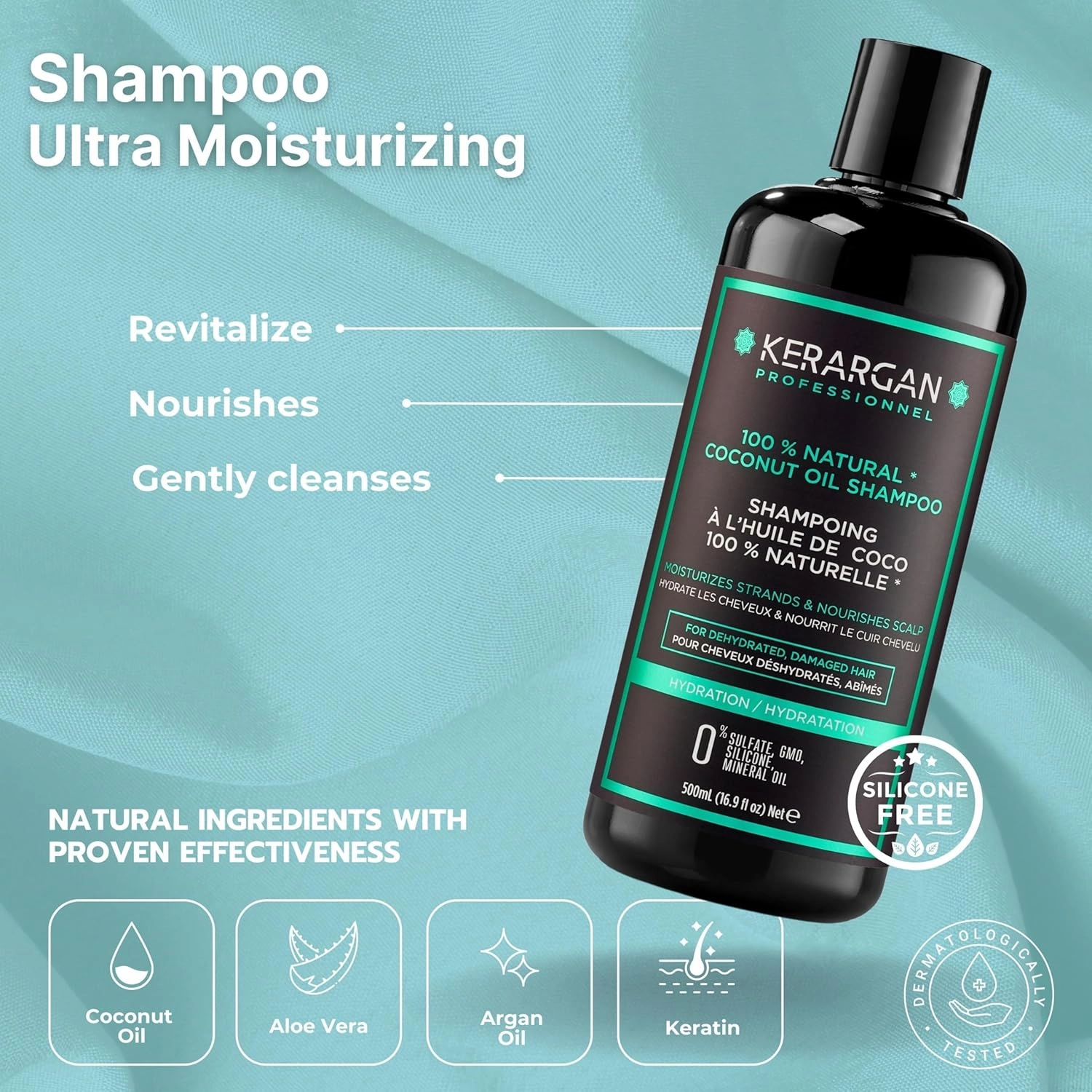 Kerargan - Moisturizing Shampoo & Hair Mask Duo with Coconut Oil for Dry and Damaged Hair - Nourishes & Revitalizes - Free of Sulfates, GMOs, Silicones, Mineral Oils - 2x16.9 Fl oz