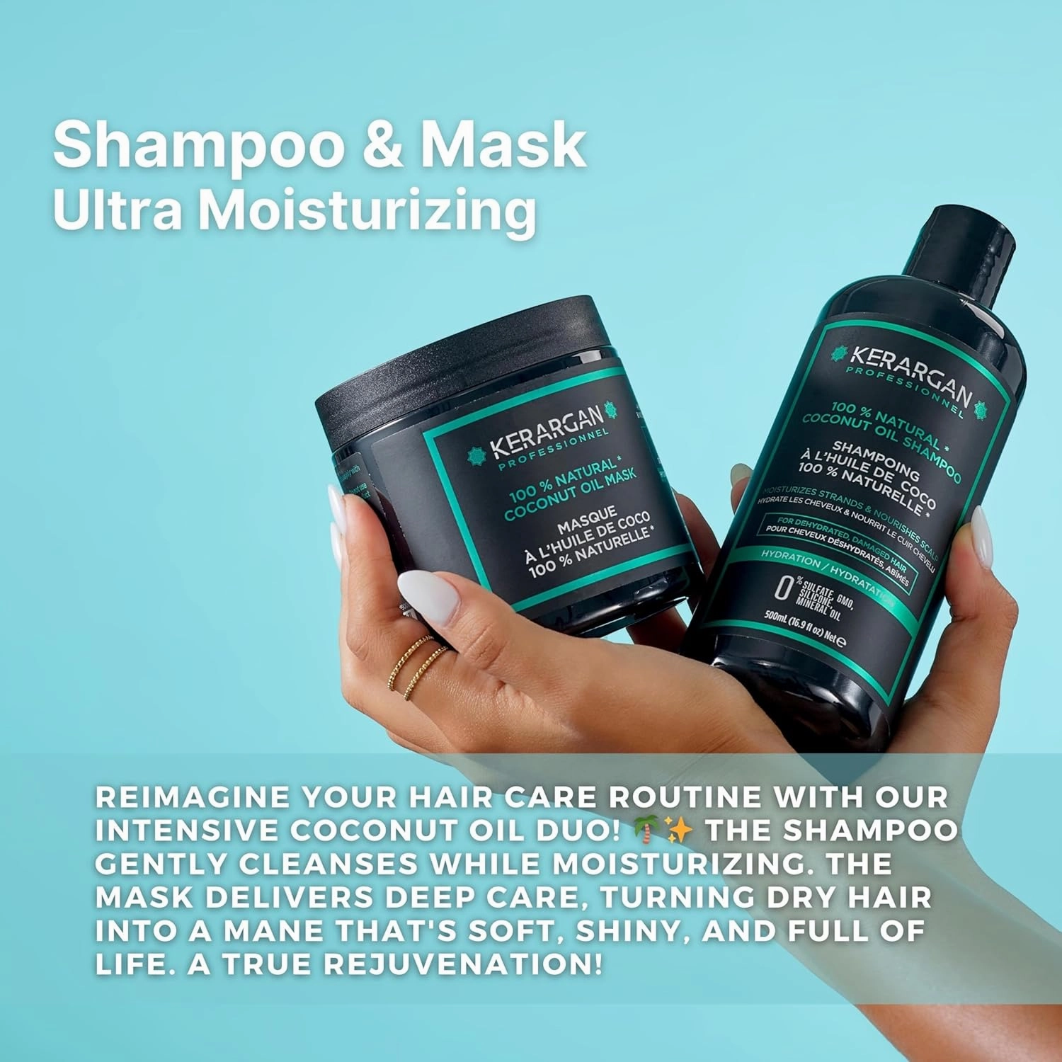 Kerargan - Moisturizing Shampoo & Hair Mask Duo with Coconut Oil for Dry and Damaged Hair - Nourishes & Revitalizes - Free of Sulfates, GMOs, Silicones, Mineral Oils - 2x16.9 Fl oz