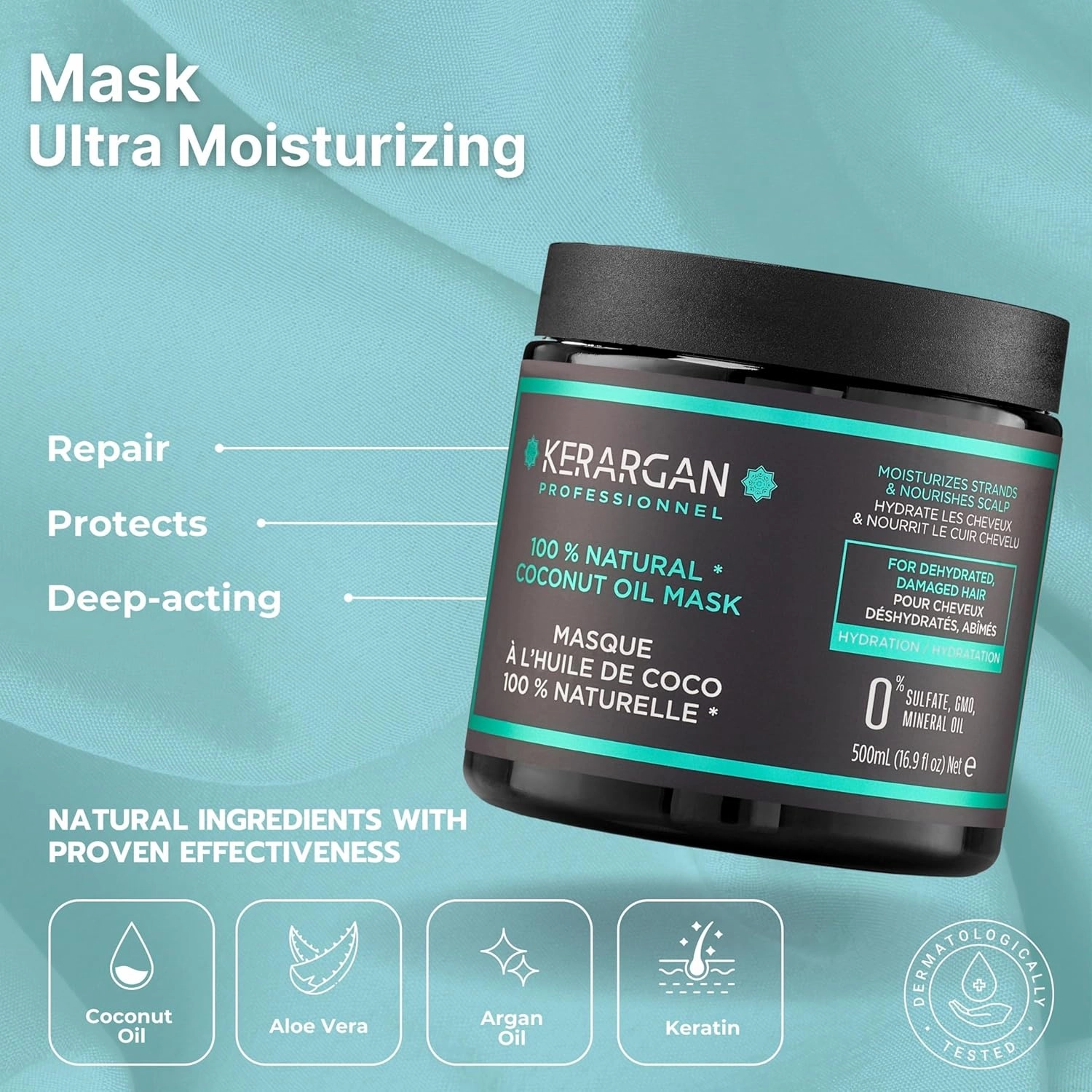 Kerargan - Moisturizing Shampoo & Hair Mask Duo with Coconut Oil for Dry and Damaged Hair - Nourishes & Revitalizes - Free of Sulfates, GMOs, Silicones, Mineral Oils - 2x16.9 Fl oz