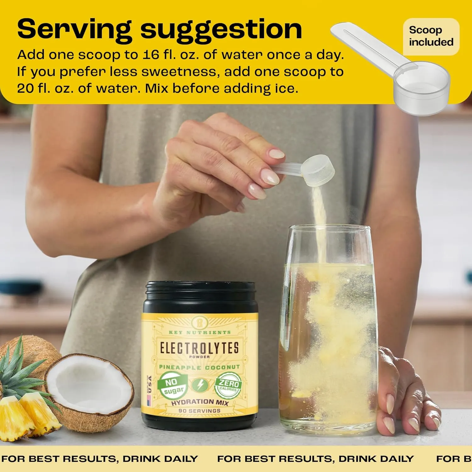 KEY NUTRIENTS Multivitamin Electrolytes Powder No Sugar - Tropical Pineapple Coconut Electrolyte Powder - Endurance & Energy Supplement - Hydration Powder - No Calories - 90 Servings - Made in USA