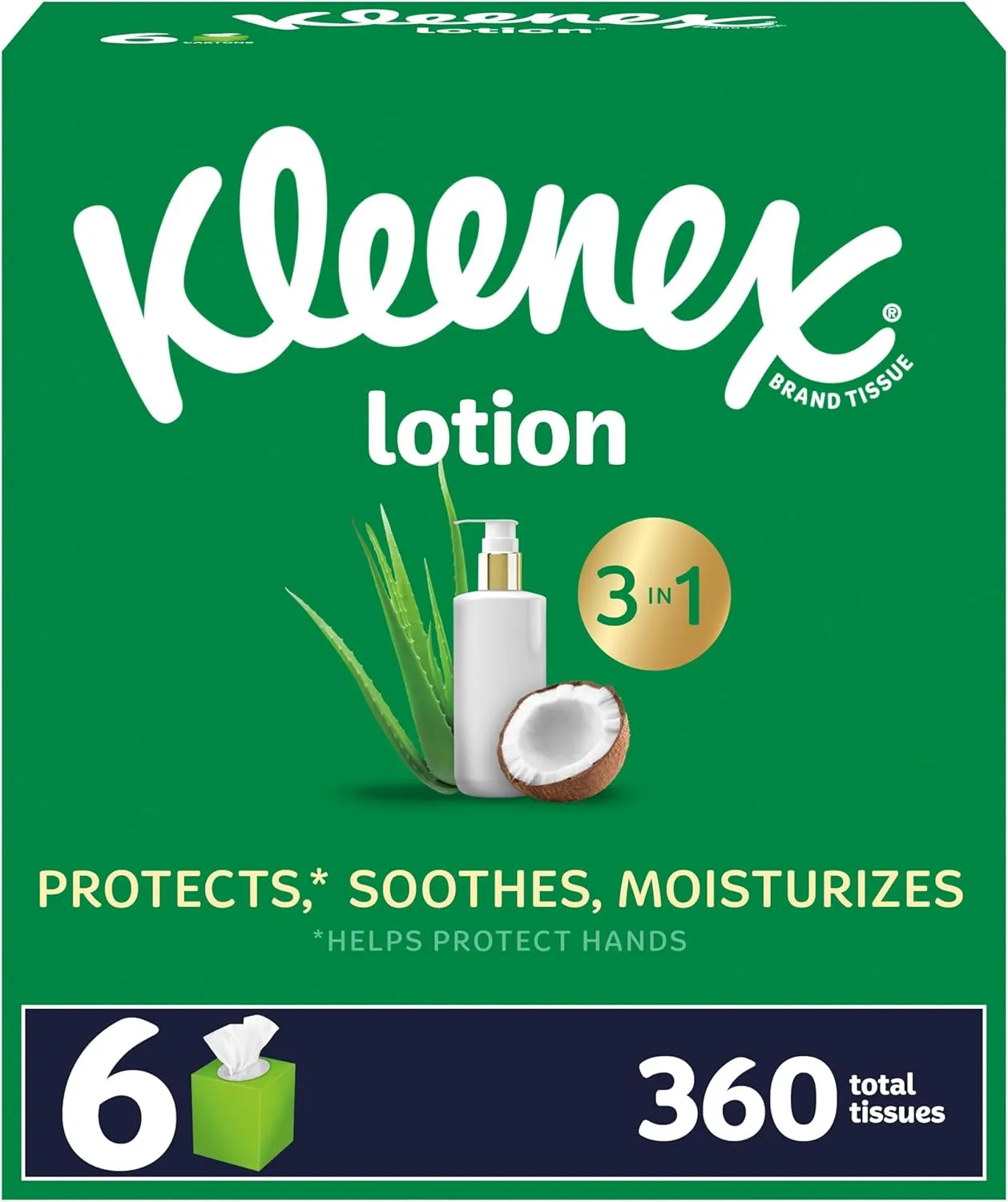 Kleenex Lotion Facial Tissues with Coconut Oil, 6 Cube Boxes, 60 Tissues Per Box, 3-Ply