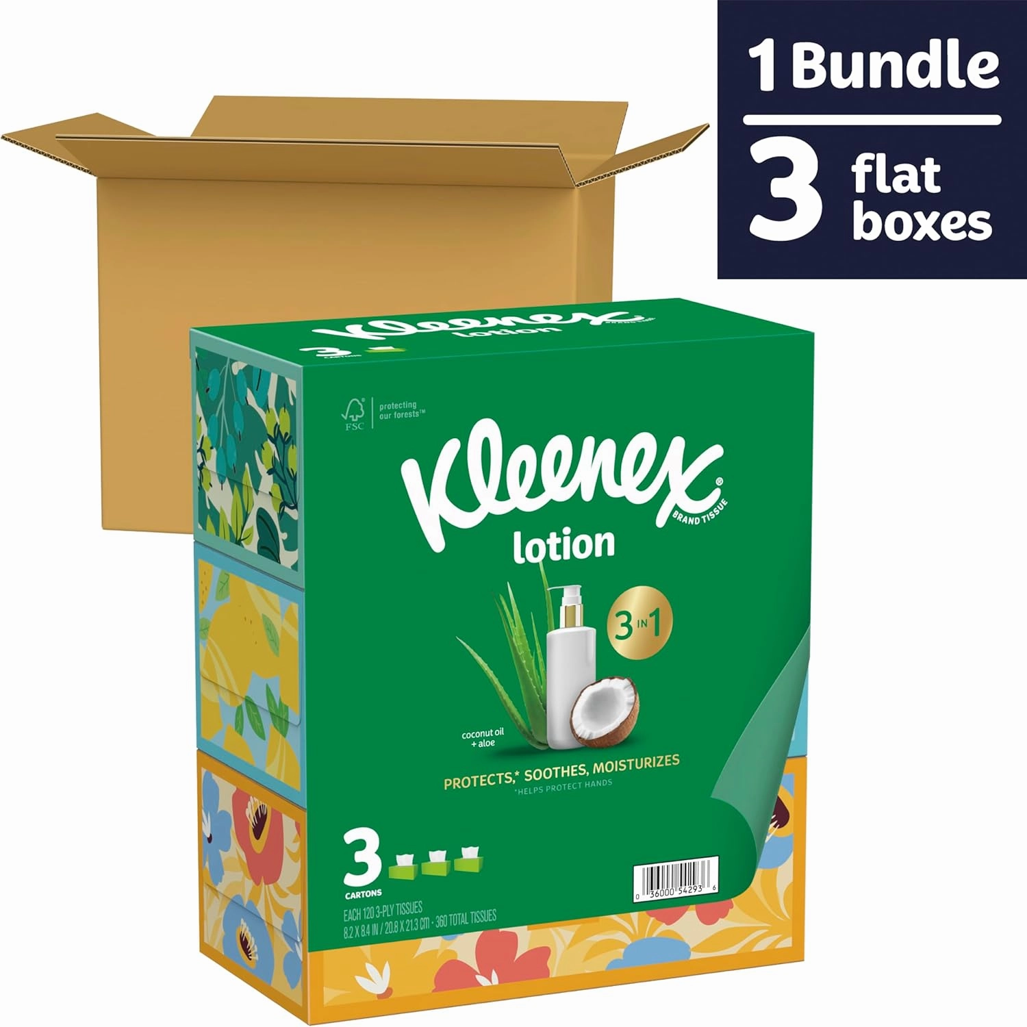 Kleenex Lotion Facial Tissues with Coconut Oil, 3 Flat Boxes, 120 Tissues Per Box, 3-Ply (Pack of 2)