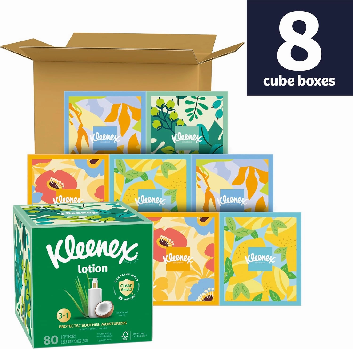 Kleenex Lotion Facial Tissues with Coconut Oil, 8 Cube Boxes, 80 Tissues Per Box, 3-Ply