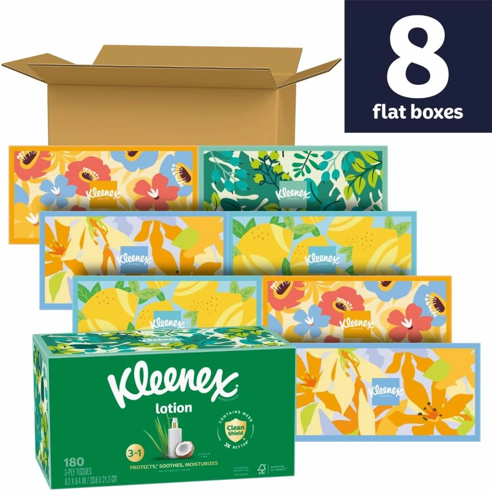 Kleenex Lotion Gesichtstücher mit Kokosöl, 8 flache Boxen, 180 Tücher pro Box, 3-lagig