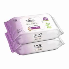 Lac'to Cala'mine Oil Control Face Wipes | 30 N each- Pack of 2 | Wet Wipes for Face With Neem, Aloe Vera & Niacinamide | Makeup Remover Wipes | Hydrating, Refreshing| Pararben & Alcohol Free