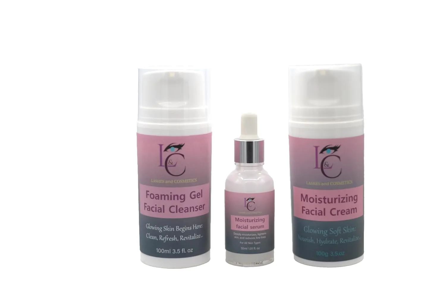 Lashes & Cosmetics LED Light therapy Essentials Facial Cleanser Gel, Serum & Cream Set Hydrating, Firming & Pore-Minimizing Skincare Trio Moisturizing, Anti-Aging, Suitable for All Skin Types