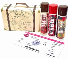 Lickerlips World Flavors Lip Balm (Canada) Pack | Maple Syrup Raspberry Whisky Flavor | Beeswax Mango Cocoa Butter Jojoba Hempseed Oils Vitamin E | 3 tubes (4 grams each) in retro Suitcase