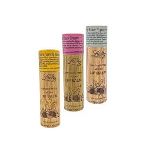 Lip Balm 3-Pack – Vegan, Natural Moisturizing Lip Care in Bamboo Tubes with Sunflower Wax and Vitamin E (.15, Peppermint, Vanilla Buttercream, Black Cherry)