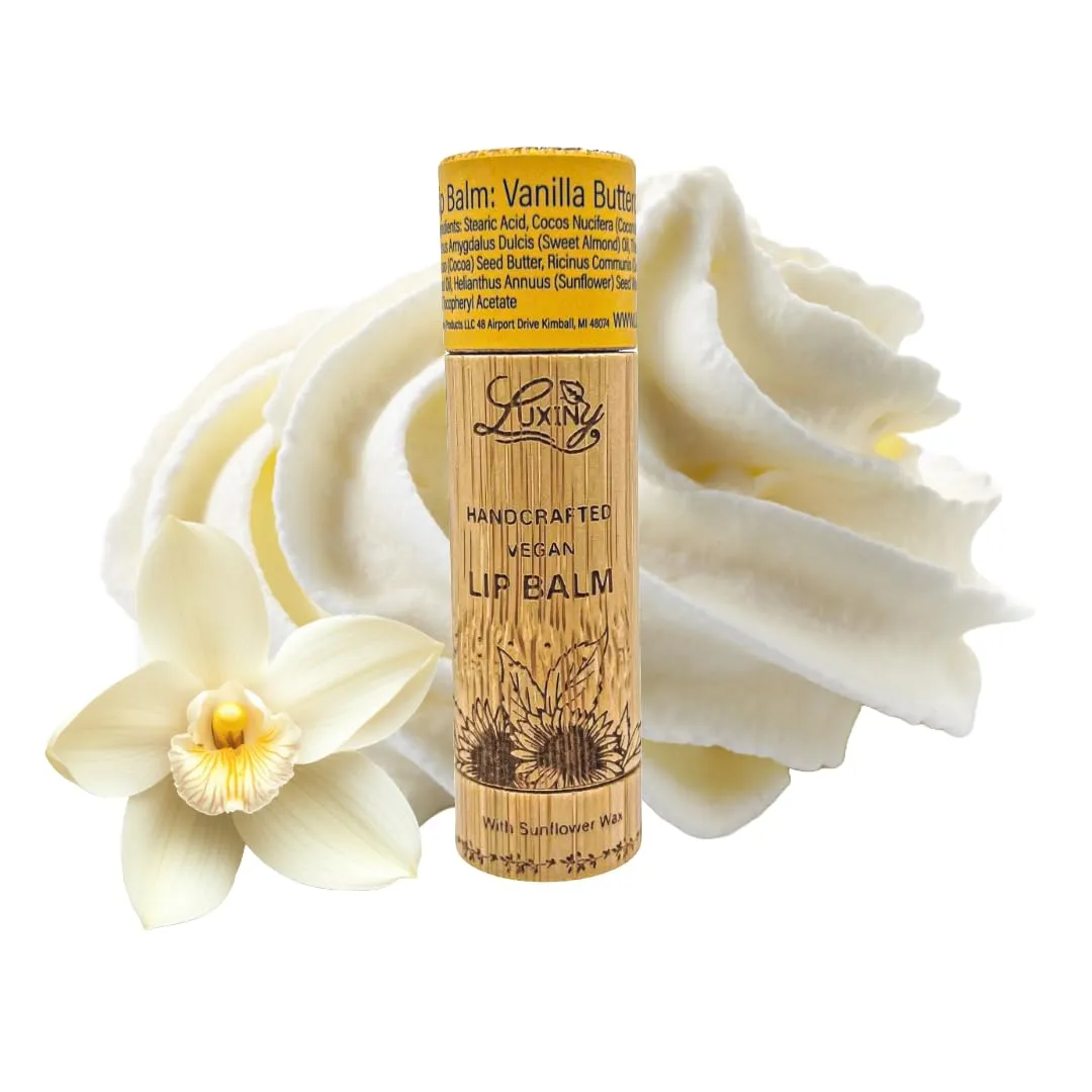 Lip Balm 3-Pack – Vegan, Natural Moisturizing Lip Care in Bamboo Tubes with Sunflower Wax and Vitamin E (.15, Peppermint, Vanilla Buttercream, Black Cherry)