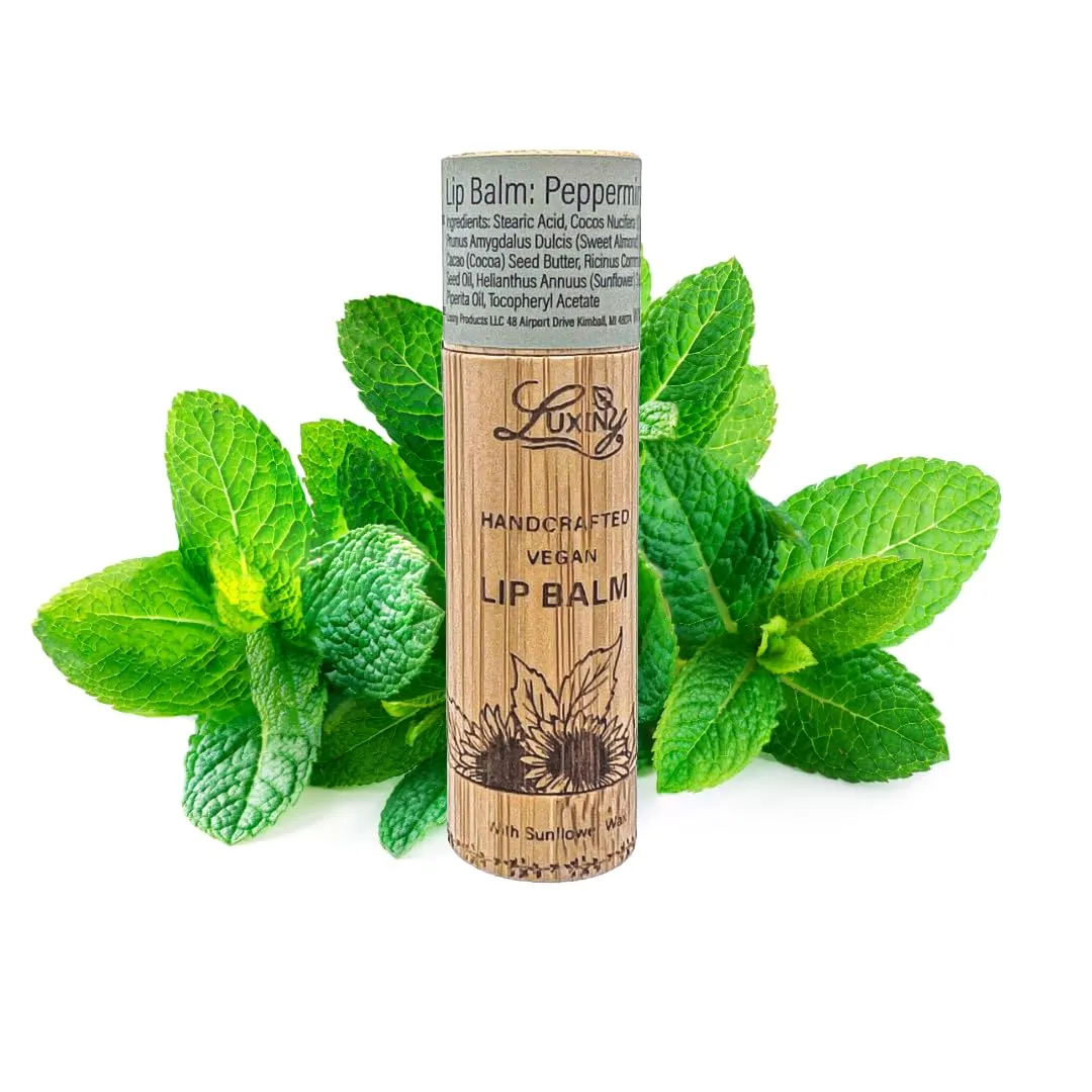 Lip Balm 3-Pack – Vegan, Natural Moisturizing Lip Care in Bamboo Tubes with Sunflower Wax and Vitamin E (.15, Peppermint, Vanilla Buttercream, Black Cherry)
