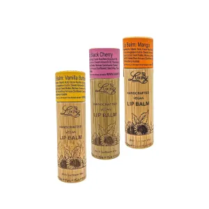 Lip Balm 3-Pack – Vegan, Natural Moisturizing Lip Care in Bamboo Tubes with Sunflower Wax and Vitamin E (.15, Vanilla Buttercream, Mango, Black Cherry)
