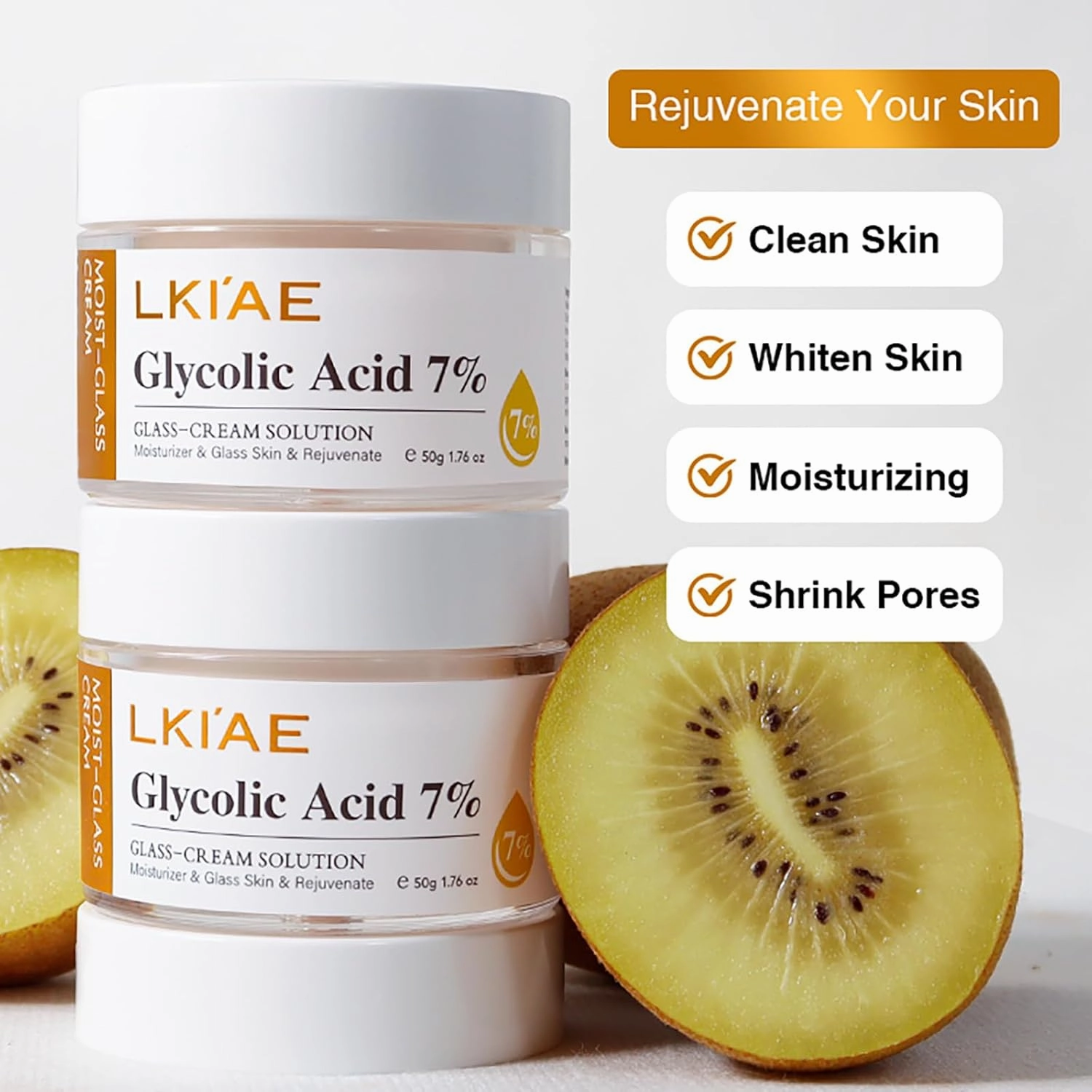 LKIAE Glycolic Acid 7% Face Cream, Rejuvenate, Reduce Fine Lines, Skin Moisturizer, Create Glass-Textured Skin, With Hyaluronic Acid, Glutathione, 1.76 oz (Pack of 1)
