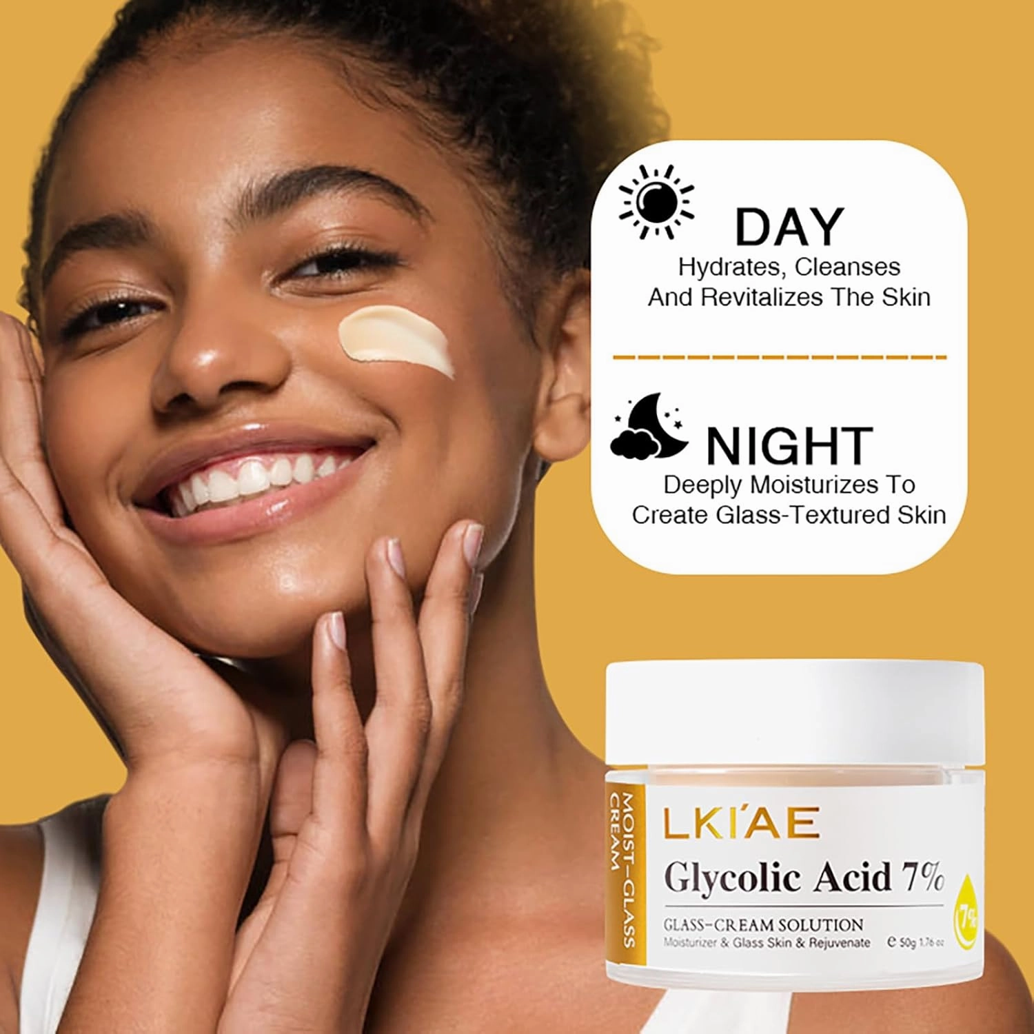 LKIAE Glycolic Acid 7% Face Cream, Rejuvenate, Reduce Fine Lines, Skin Moisturizer, Create Glass-Textured Skin, With Hyaluronic Acid, Glutathione, 1.76 oz (Pack of 1)
