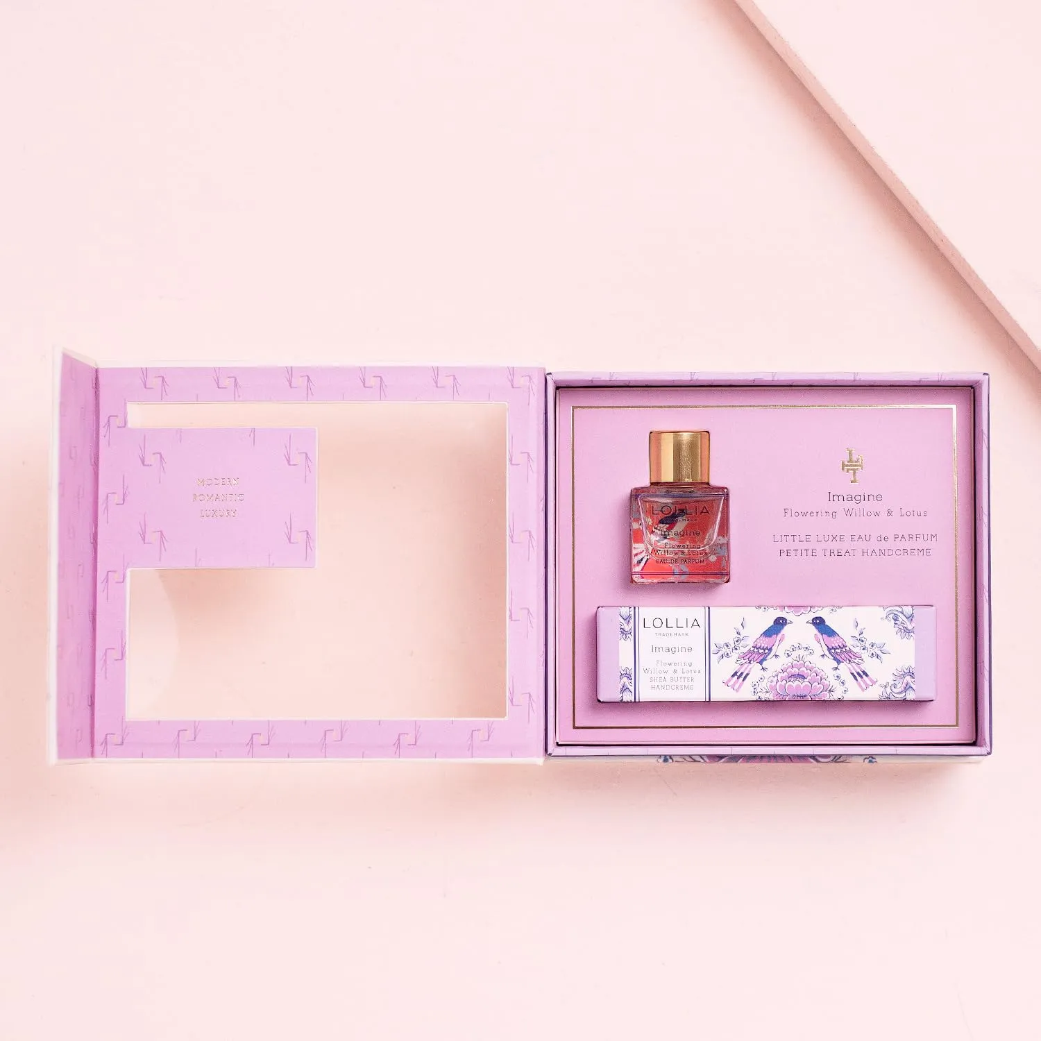 LOLLIA Imagine Fragrance Story Gift Set – .16 fl. oz. Eau de Parfum & .33 oz. Petite Treat Handcreme – Flowering Willow & Lotus – Hand Cream for Women, Travel Size Perfume, Hand Lotion for Dry Hands