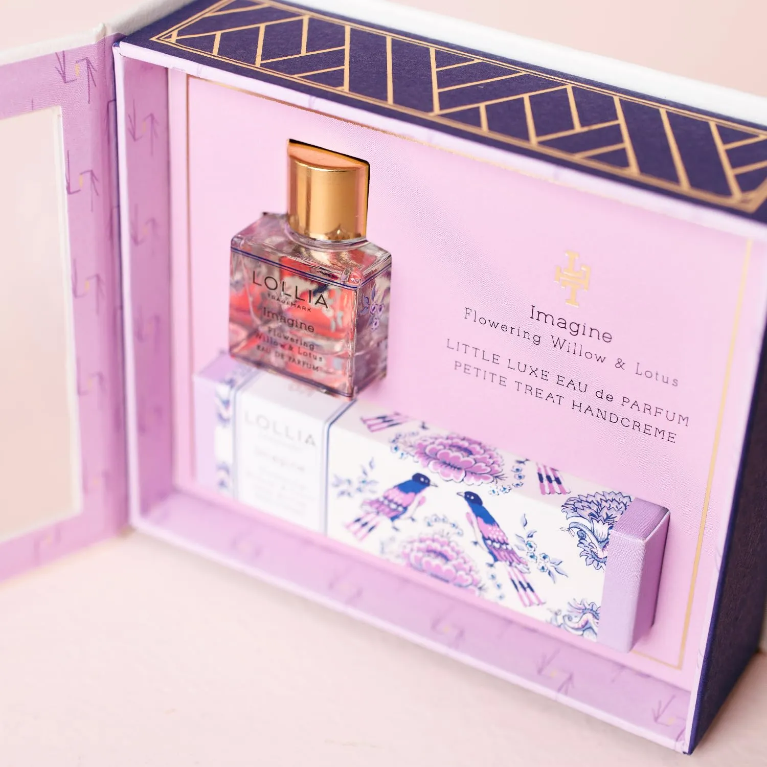 LOLLIA Imagine Fragrance Story Gift Set – .16 fl. oz. Eau de Parfum & .33 oz. Petite Treat Handcreme – Flowering Willow & Lotus – Hand Cream for Women, Travel Size Perfume, Hand Lotion for Dry Hands