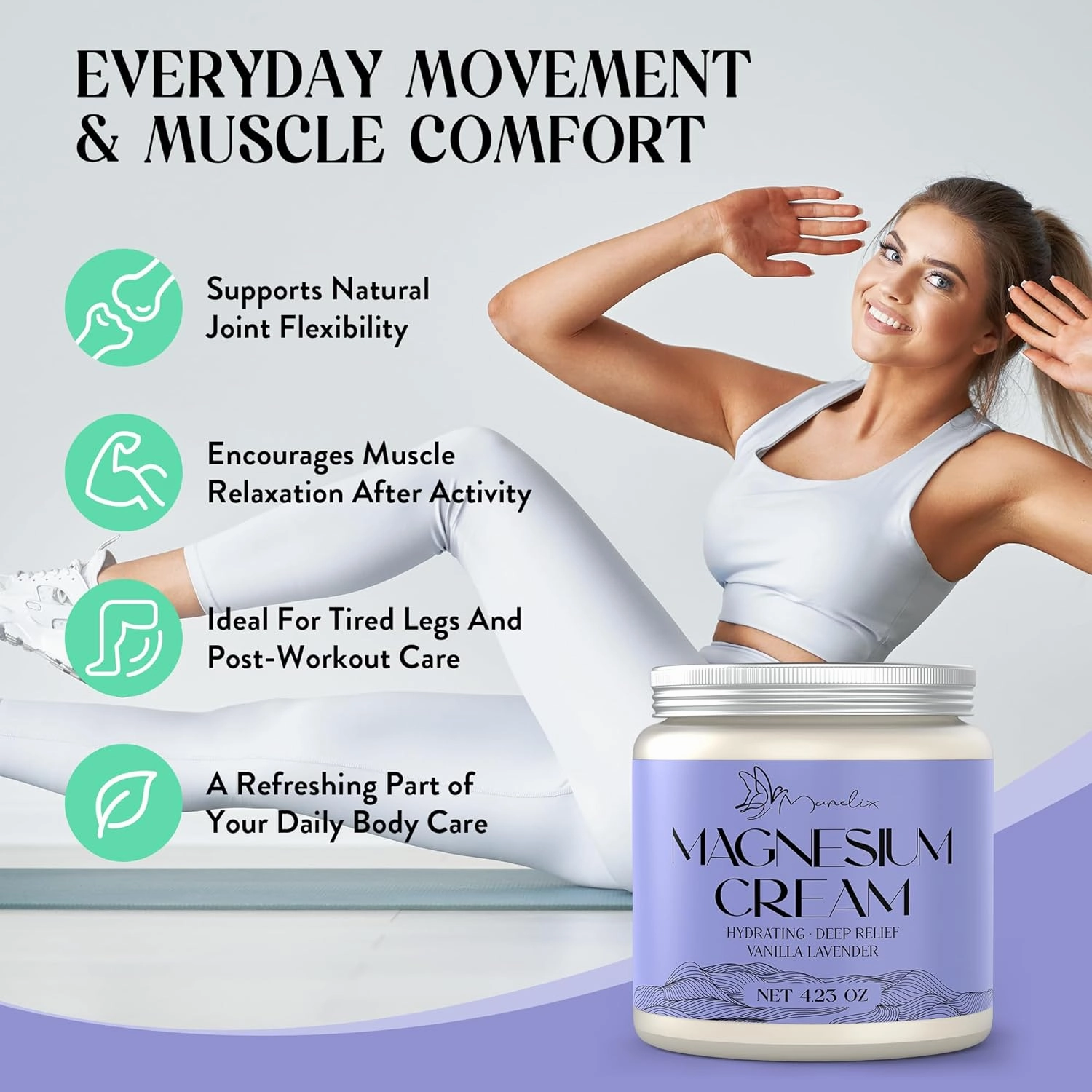 Magnesium Cream for Sleep - Topical Magnesium for Women, Muscle Relaxation, Calm, Moisturizing with Coconut Oil, Shea Butter & Hyaluronic Acid, 4.23 OZ, Safe for Kids (4.23 Ounce, Lavender)
