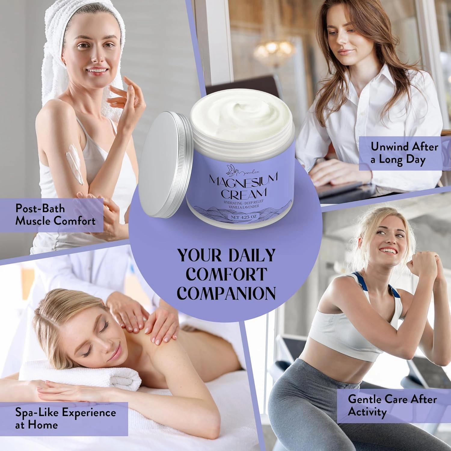 Magnesium Cream for Sleep - Topical Magnesium for Women, Muscle Relaxation, Calm, Moisturizing with Coconut Oil, Shea Butter & Hyaluronic Acid, 4.23 OZ, Safe for Kids (4.23 Ounce, Lavender)