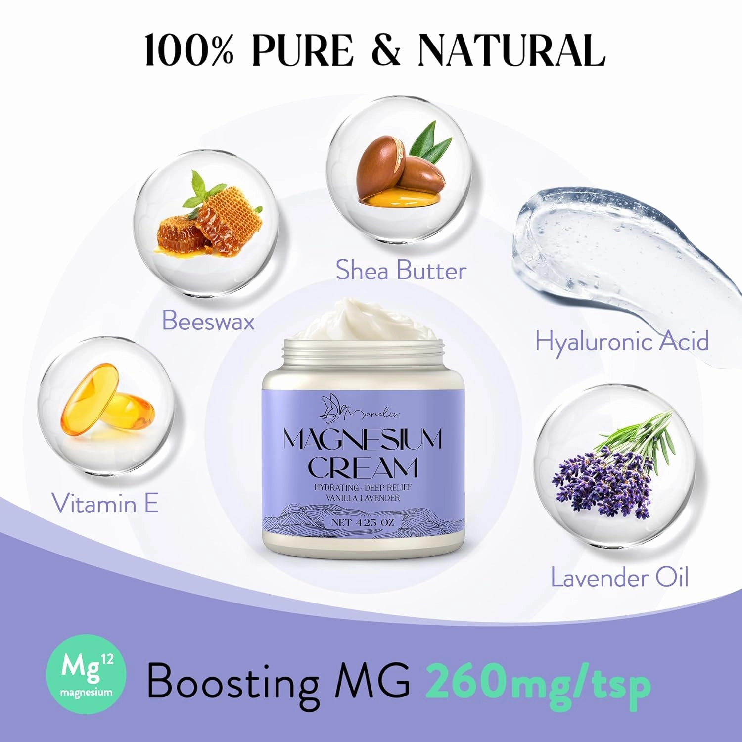 Magnesium Cream for Sleep - Topical Magnesium for Women, Muscle Relaxation, Calm, Moisturizing with Coconut Oil, Shea Butter & Hyaluronic Acid, 4.23 OZ, Safe for Kids (4.23 Ounce, Lavender)