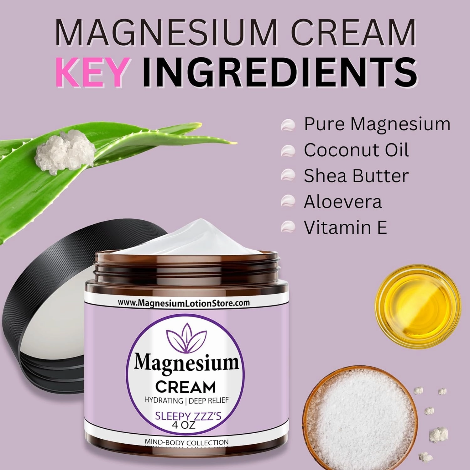 Magnesium Cream with Sleepy Zzz’s Essential Oil Scent – Hydrating & Dreamy Aroma, 4 oz USA Made