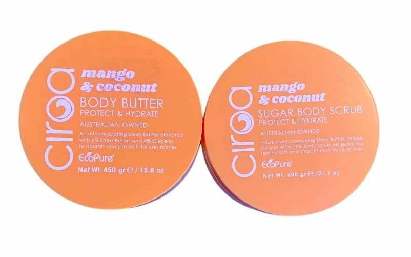 Mango & Coconut Body Care Set, Body Butter 15.8 oz and Sugar Body Scrub 21.1 oz, Australian Made
