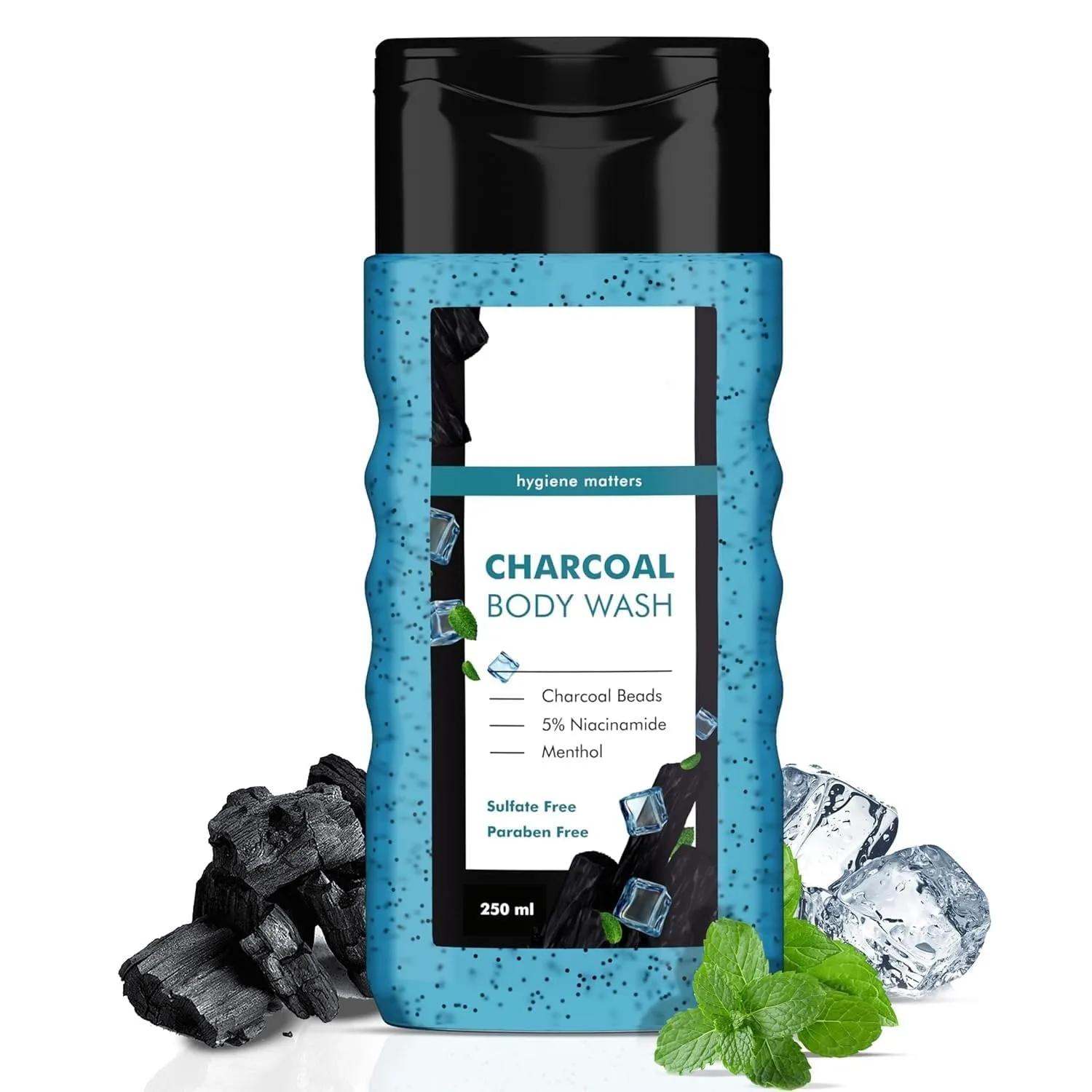 Man,m Matters 3 in 1 Action Charcoal & Menthol Body Wash | With Menthol, 5% Niacinamide & Activated Charcoal Beads | For Instant Cooling, Odor Protection & Improves Skin texture | 250ml