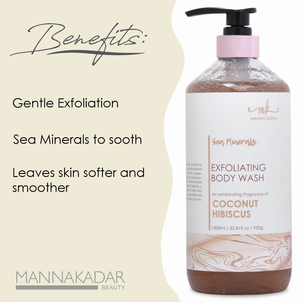 Manna Kadar Beauty Dead Sea Minerals Exfoliating Body Wash, Coconut Hibiscus - Body Wash, Shower Gel, Moisturizing Scrub, Brighten Dull Skin